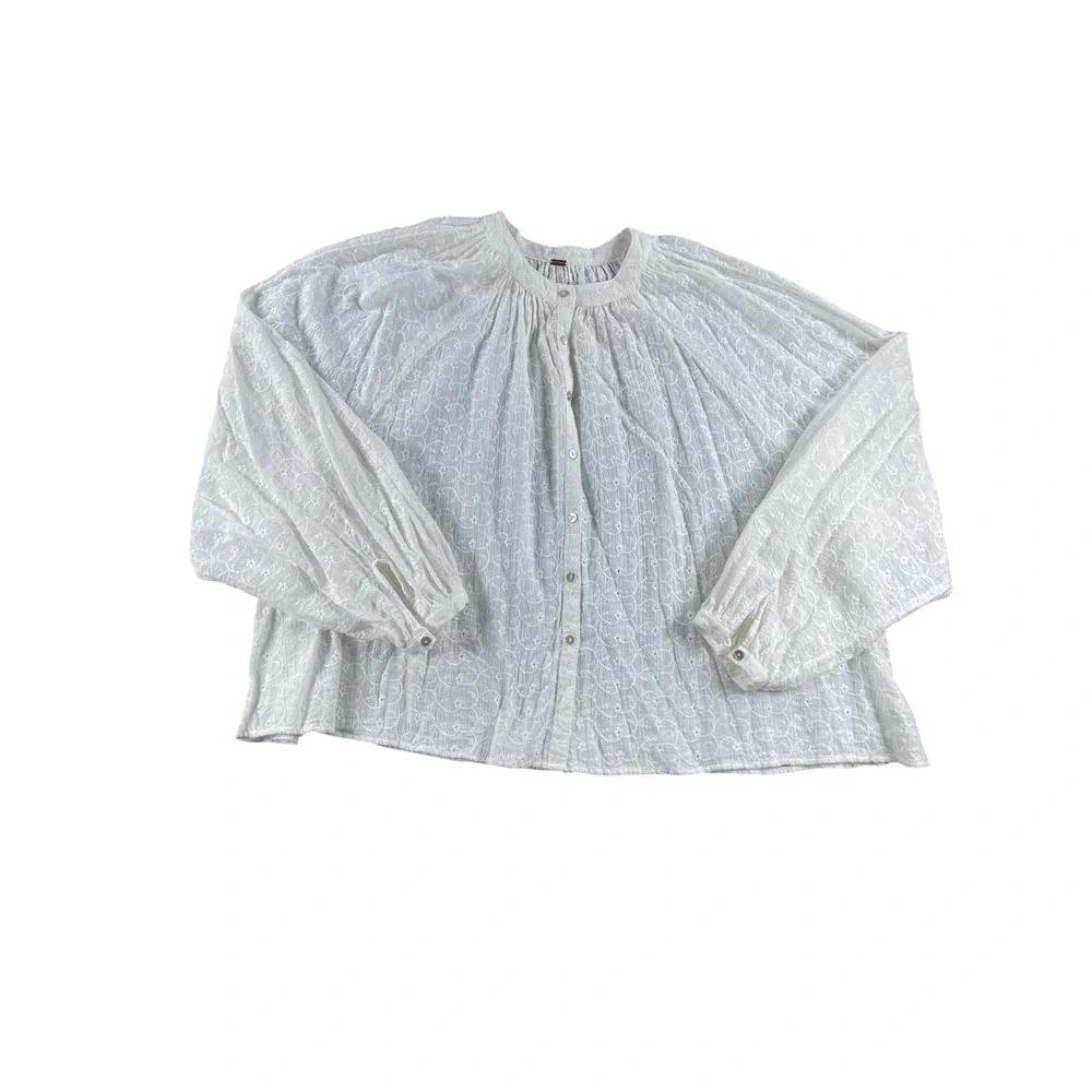 Free People White Eyelet Embroidered Button Down Long Sleeve Top Small